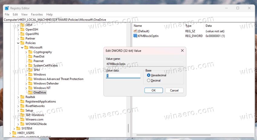 Disable OneDrive User Folder Backup With KFMBlockOptIn Option