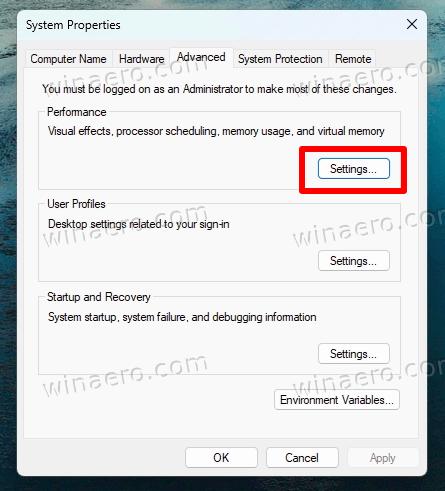 Settings In Advanced Properties