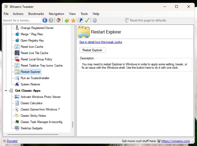 Tweaker 1.40 Restart Explorer Tool