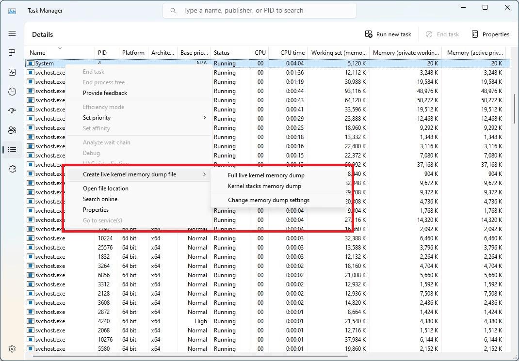 Task Manager live kernel dump context menu