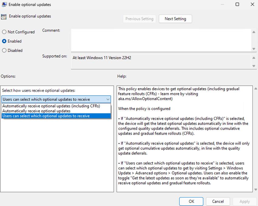 Windows 11 Policy Enable Optional Updates