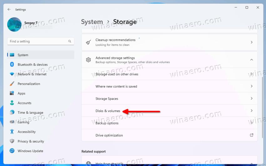 Disks and volumes in Settings