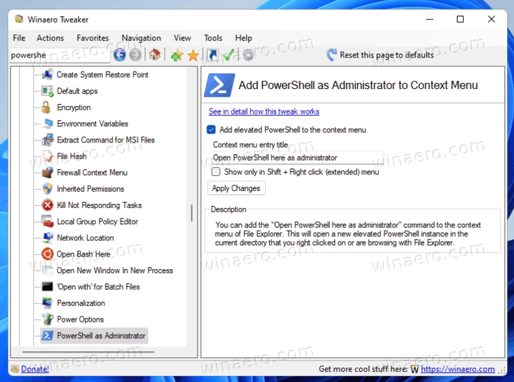 Add PowerShell As Administrator Right Click Menu With Winaero Tweaker