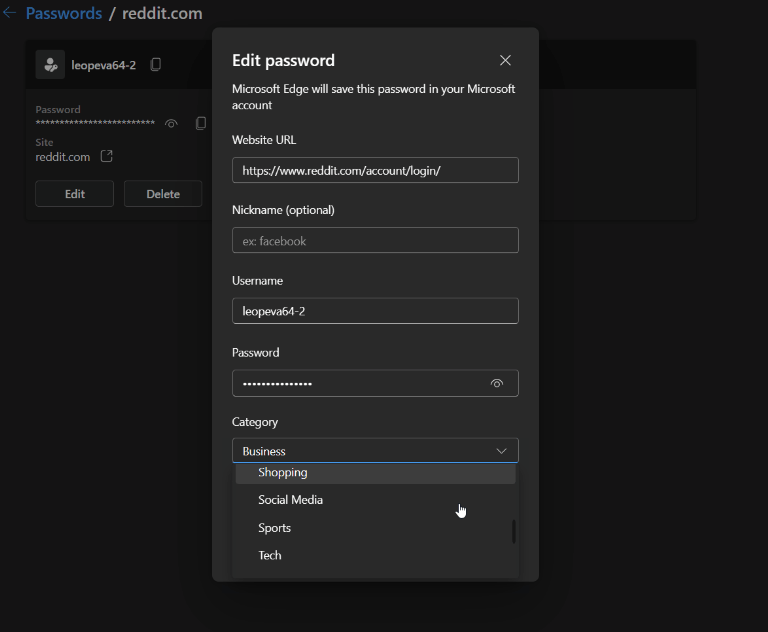 Category In Edge Password Manager