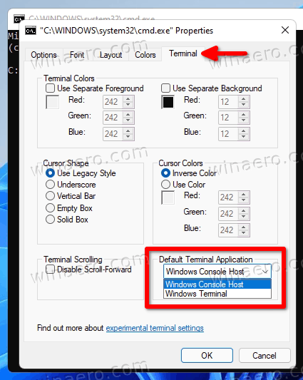 Change Default Terminal App From Command Prompt Properties