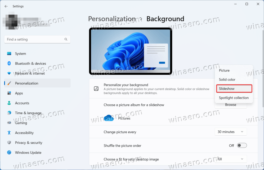set Slideshow as the desktop background in Windows 11