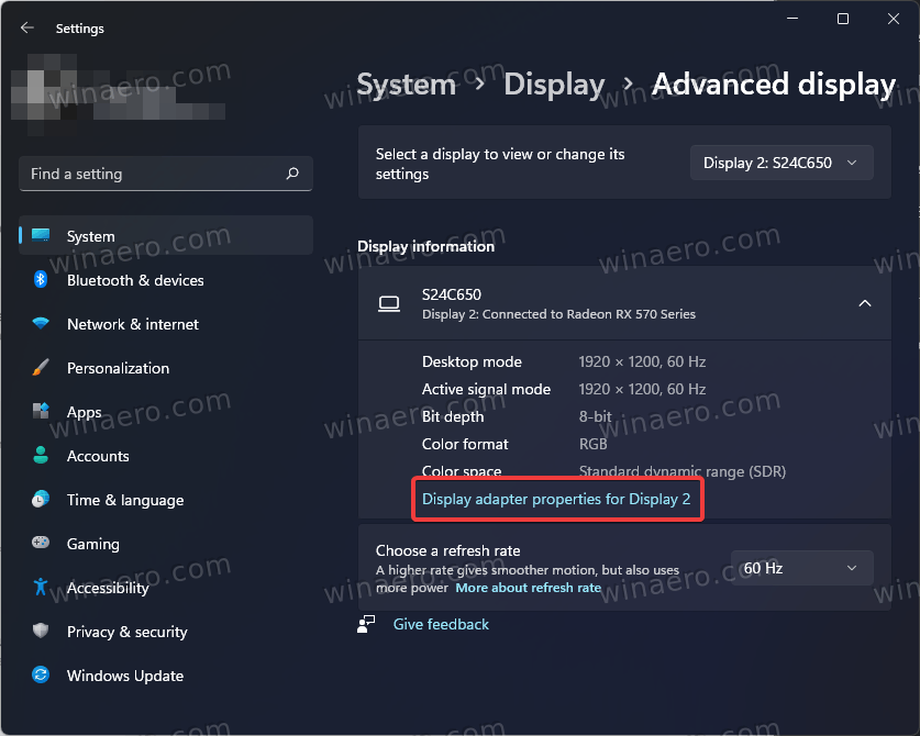 the "Display adapter properties" link