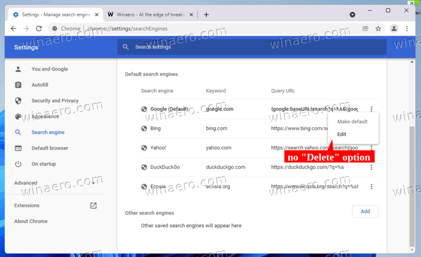 Chrome 97 No Delete Option For Search Engine