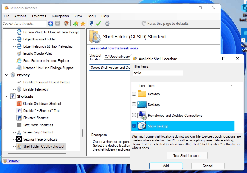 Create Show Desktop Shortcut With Winaero Tweaker