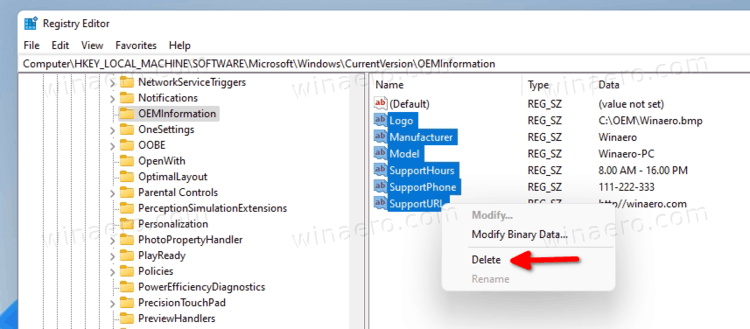 Delete OEM Info In Windows 11