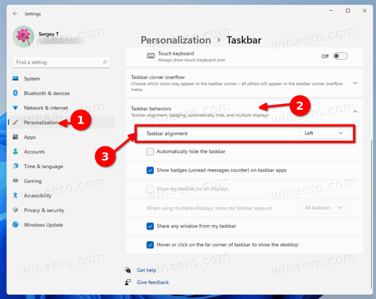 Disable Centered Taskbar