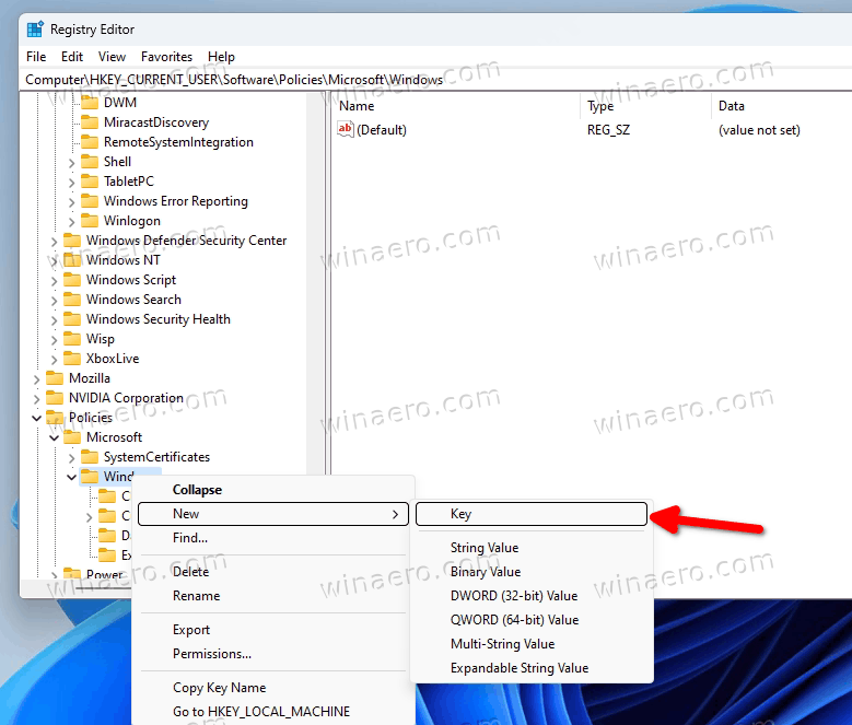 Create new key under Windows