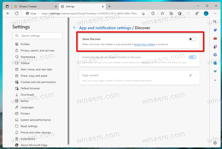 Disable Discover in Microsoft Edge Settings