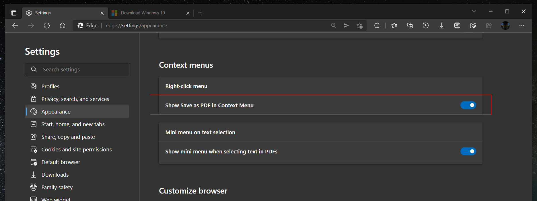 Edge Enable Save As PDF Context Menu