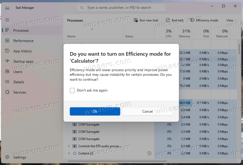 Efficiency Mode Confirmation