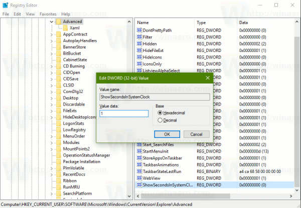 Make Taskbar Clock Show Seconds in Windows 10