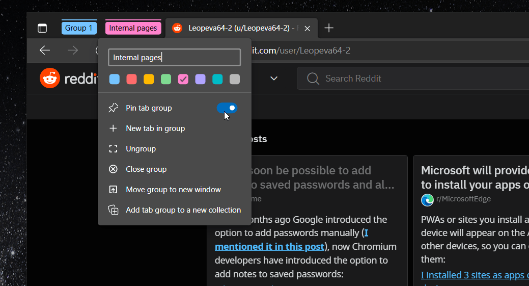 Microsoft Edge Pin Tab Group