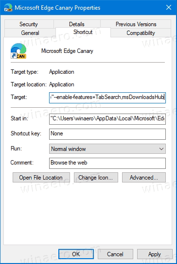 Mutiple Enable-Features For Edge Shortcut