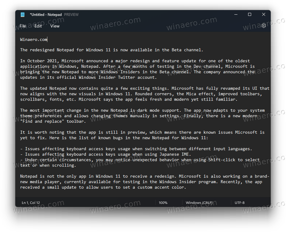 Windows 11 Notepad with dark mode