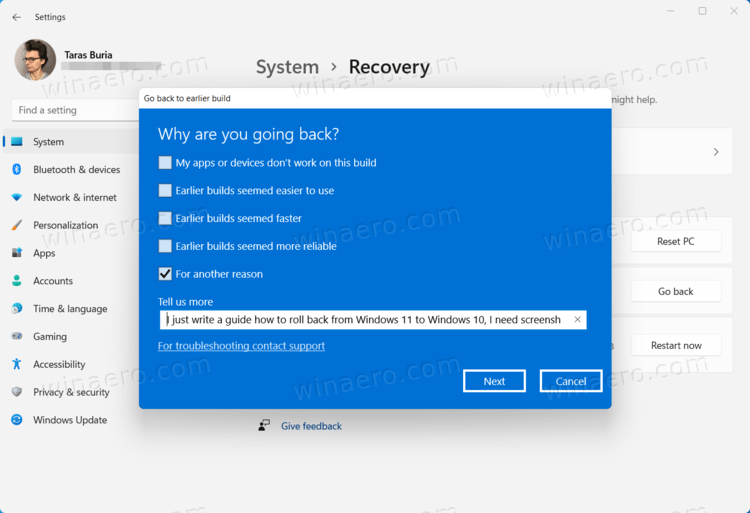 Return to Windows 10 from Windows 11