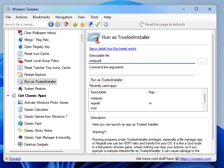 Run As Trusted Installer In Winaero Tweaker