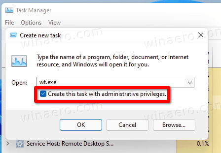 Run Wt.Exe From Task Manager As Administrator