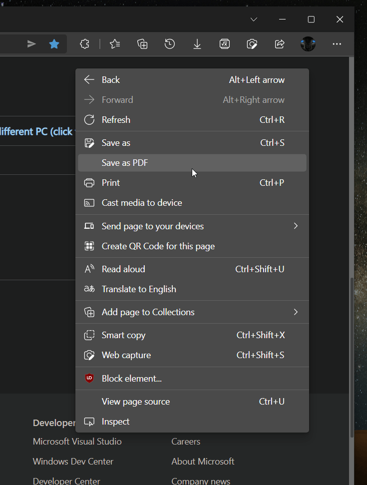 Save As PDF Context Menu In Edge