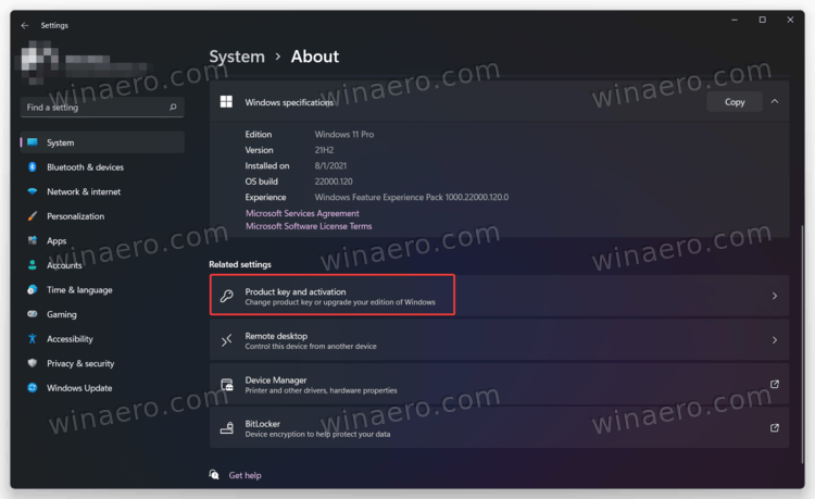 Settings Product Key And Activation Section