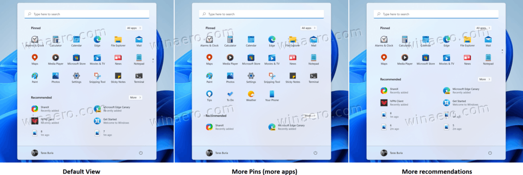 Layouts to Show More Pins or Recommendations in Windows 11 Start Menu