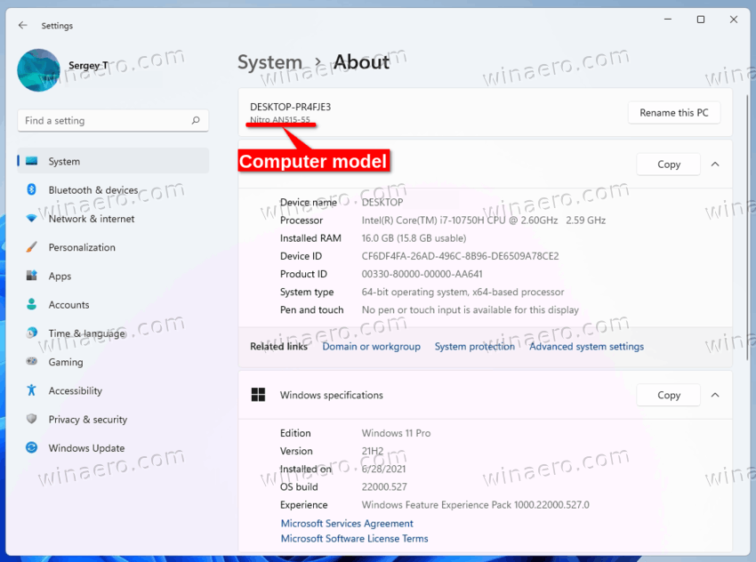 Computer model shown on the system-about page