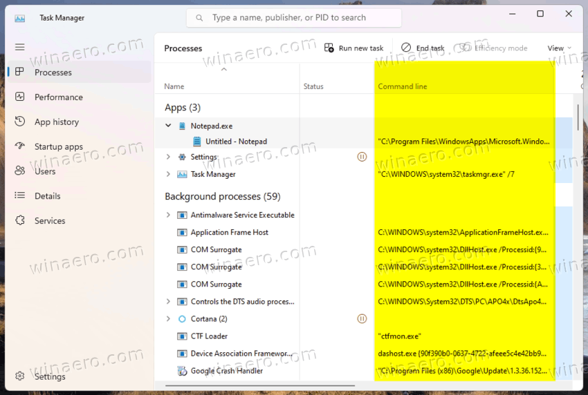 Task Manager Command Line Shown For Processes