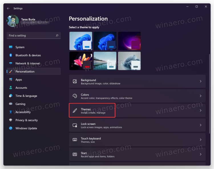 Themes Section In Windows 11 Settings
