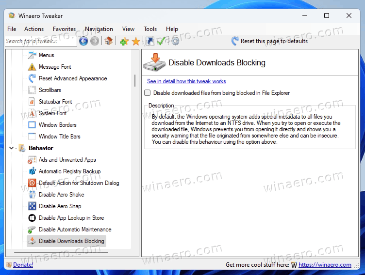 Disable Downloads blocking in Winaero Tweaker