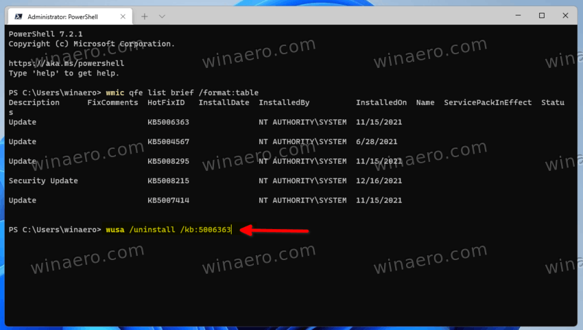 Uninstall Updates in Windows 11 in Windows Terminal