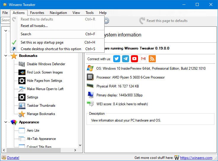 Winaero Tweaker 0.19 Actions Menu 1