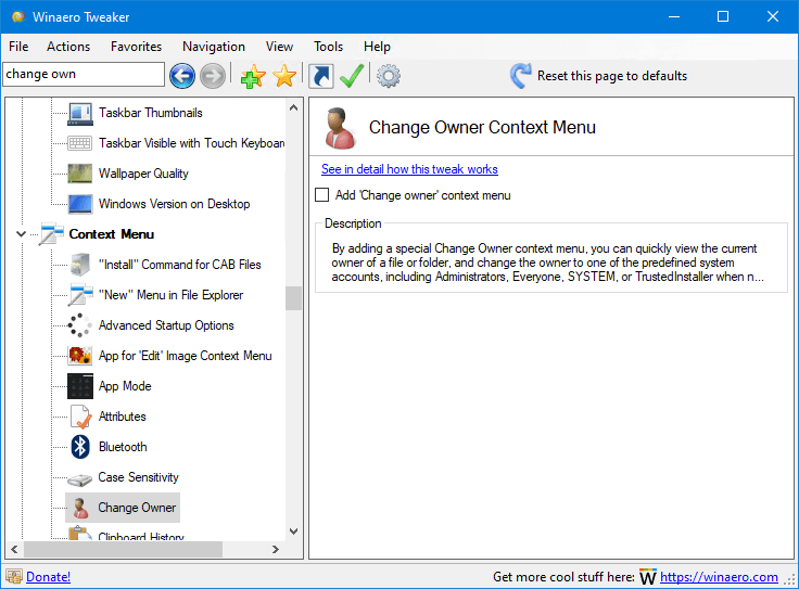 Winaero Tweaker 0.19 Change Owner Menu 1