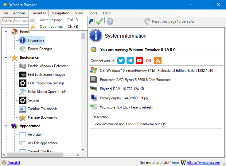 Winaero Tweaker 0.19 Favorites Menu 1