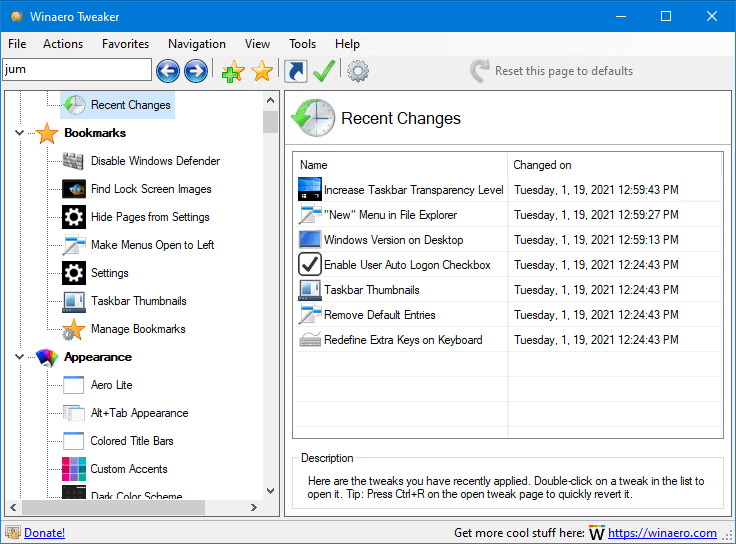 Winaero Tweaker 0.19 Recent Changes
