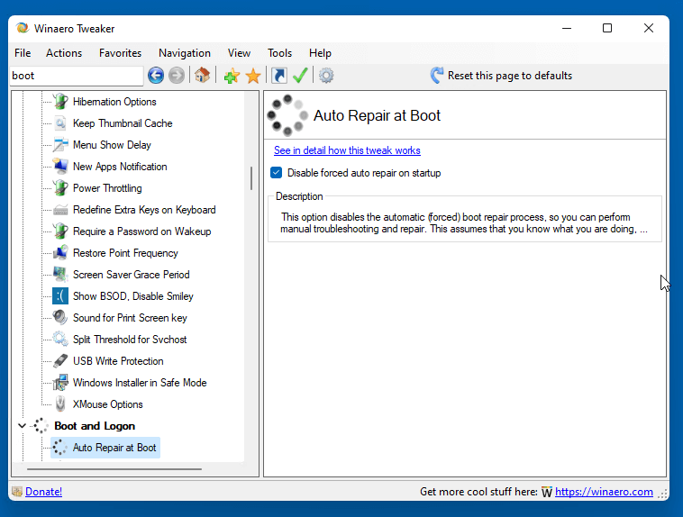 Winaero Tweaker Disable Auto Repair