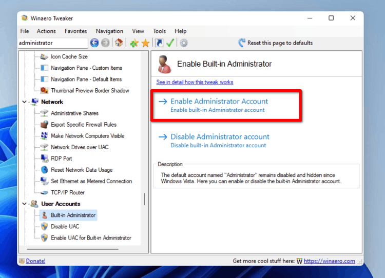Winaero Tweaker Enable Admin Account