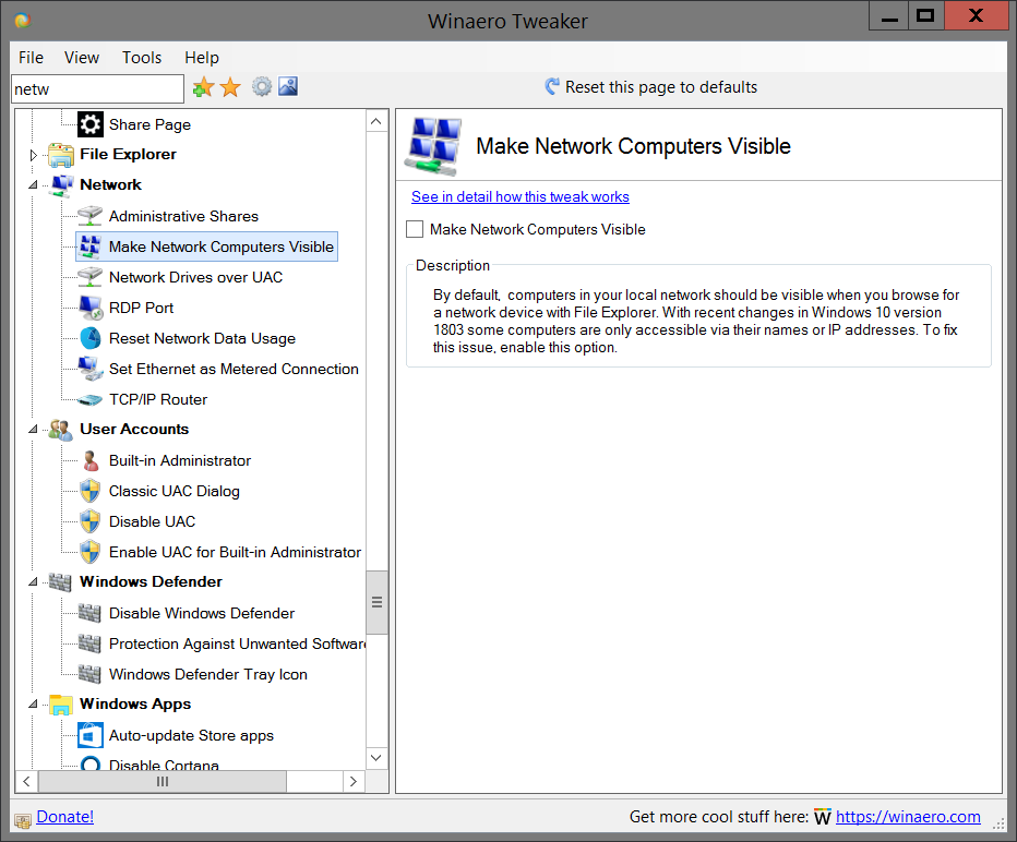 Winaero Tweaker Network Computers 1803