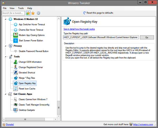 Winaero Tweaker Open Registry Key