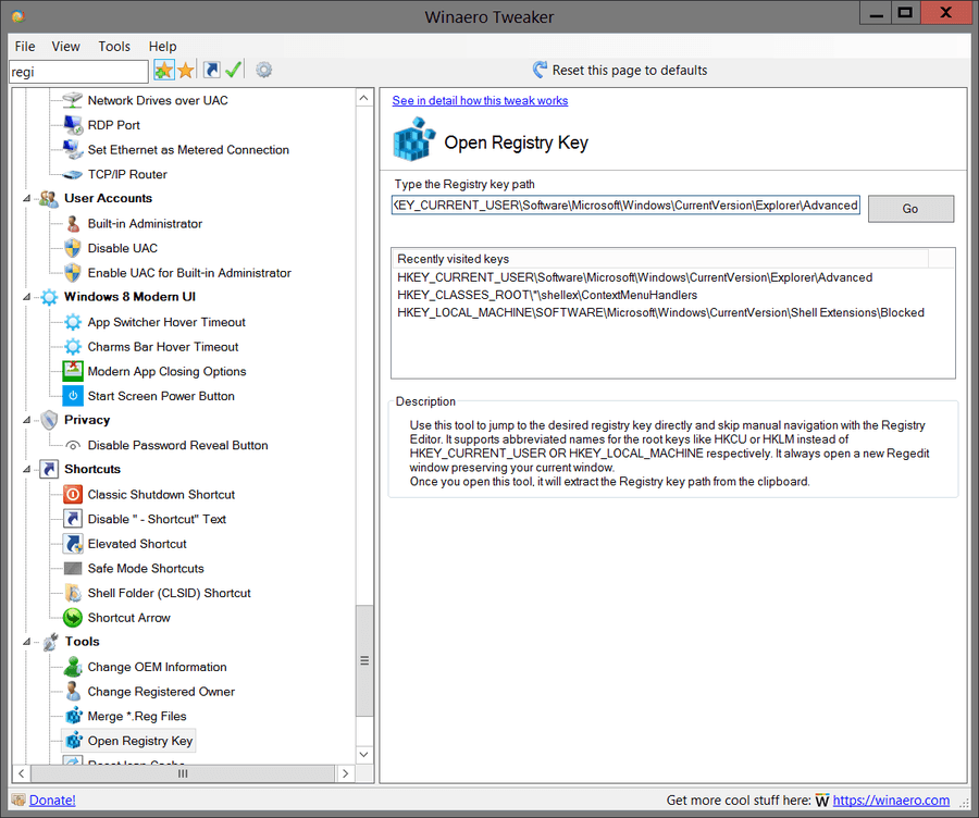 Winaero Tweaker Open Registry Key