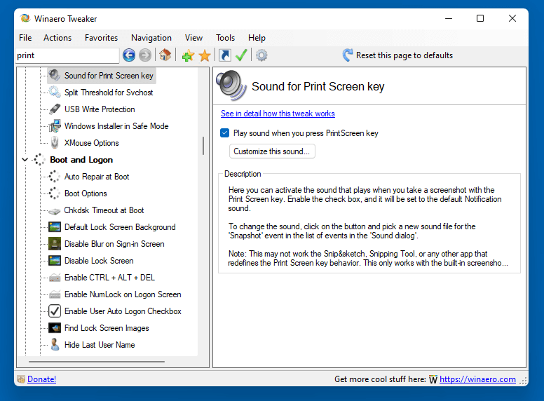 Winaero Tweaker Print Screen Sound