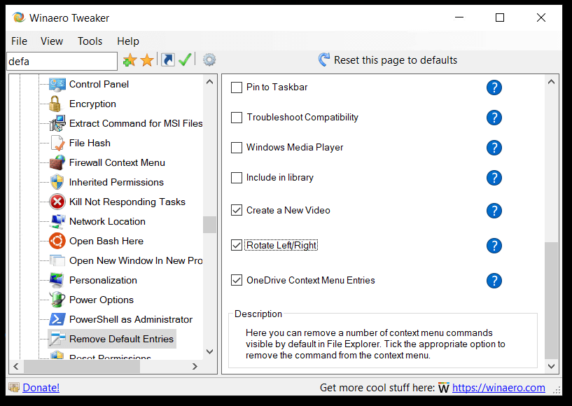 Winaero Tweaker Remove Default Entries
