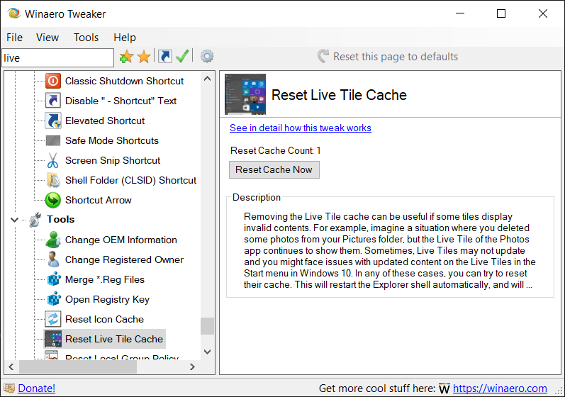 Winaero Tweaker Reset Live Tile Cache