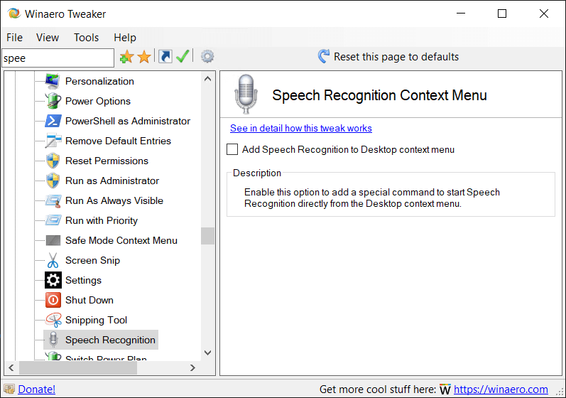 Winaero Tweaker Speech Recognition Context Menu