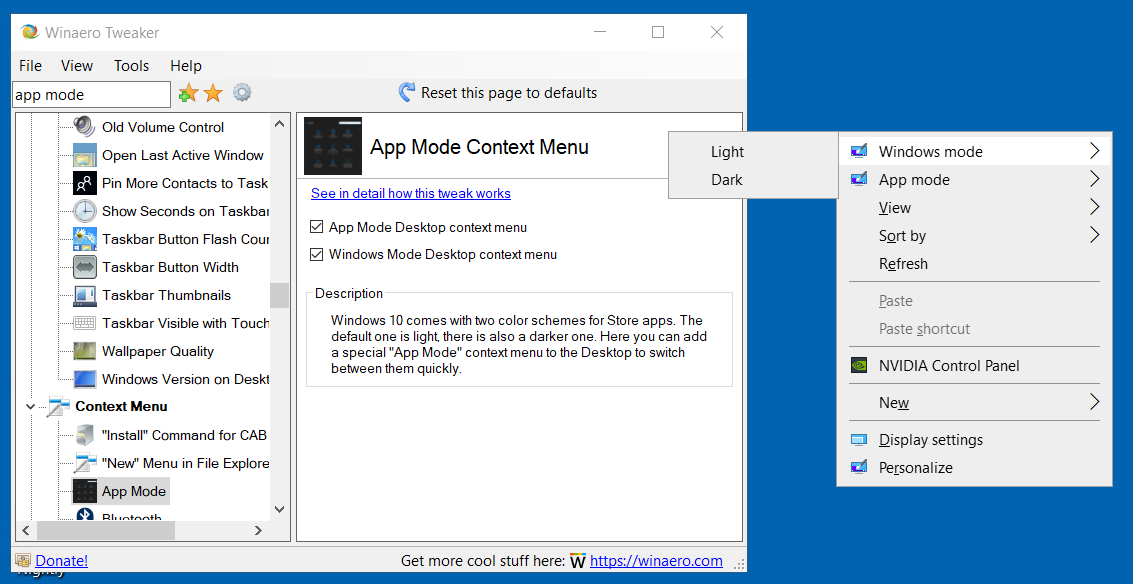 Winaero Tweaker Windows Mode Context Menu