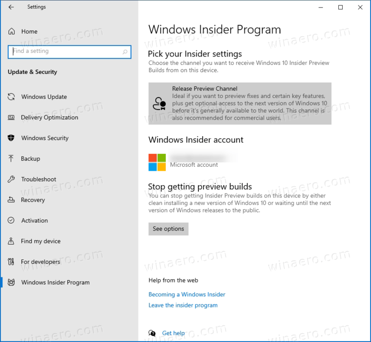 Windows 10 Release Preview Channel In Settings