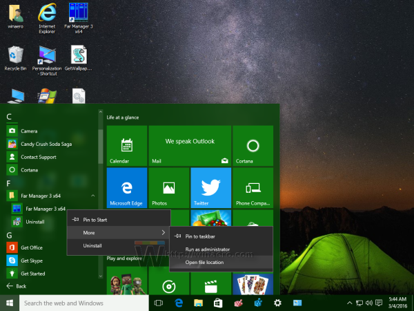 Windows 10 Start menu - more - open file location